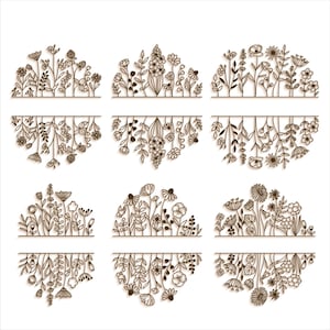 8 Split prairie de fleurs sauvages miroir bordure SVG, dessin au trait fleur contour, fichier découpé au Laser Glowforge Silhouette Cricut, monogramme nom personnalisé
