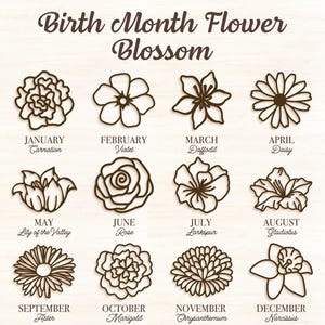 Può includere: Un grafico decorativo con dodici illustrazioni floreali, ognuna rappresentante un mese di nascita. I fiori includono un garofano, una viola, un narciso, una margherita, un mughetto, una rosa, uno sperone, un gladiolo, un'aster, una calendula, un crisantemo e un narciso.