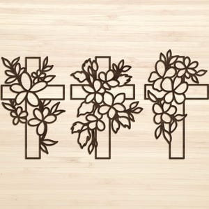 Blumen Kreuz SVG, Laser Cut Dateien Glowforge Silhouette Cricut, Terrasse Veranda Leaner, Tisch Regal Altar Sitter, Ostern Szene Er ist auferstanden