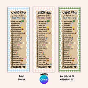 May include: Three vertical banners titled Senior Year Class of 2027 Bucket List with checkboxes and icons for activities like football, prom, and graduation. The banners feature blue, pink, and green gingham borders on a tan background.
