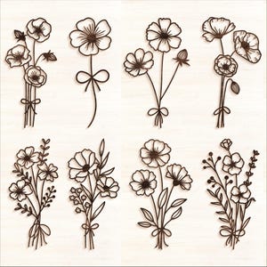 May include: Eight black and white line drawings of different floral bouquets. Each bouquet features a variety of flowers and leaves, tied together with a ribbon.