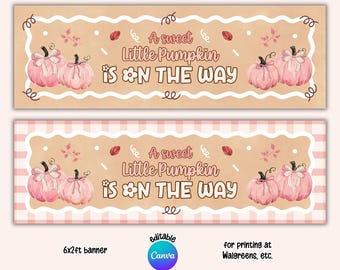 Printable Pink Fall Baby Shower Banner, 6x2ft Editable Canva Template, Welcome Little Pumpkin Photo Prop, Wall Backdrop (Digital Download)