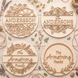Monogramma floreale con nome di famiglia diviso in formato SVG DXF, file per taglio laser Glowforge Cricut, cartello rotondo da appendere alla porta, cornice a ghirlanda (download digitale)