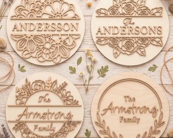 Floral Family Split Name Monogram SVG DXF, Laser Cut Files Glowforge Cricut, Round Sign Door Hanger, Frame Wreath (Digital Download)