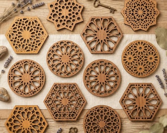12 posavasos con diseño arabesco en formato SVG DXF, archivos de corte láser Glowforge, portavasos con diseño geométrico árabe (descarga digital).