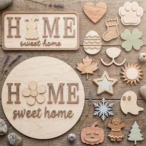 Placa de boas-vindas intercambiável em SVG e DXF, arquivos para corte a laser Glowforge e Cricut, enfeite de porta, moldura de boas-vindas com guirlanda (download digital)