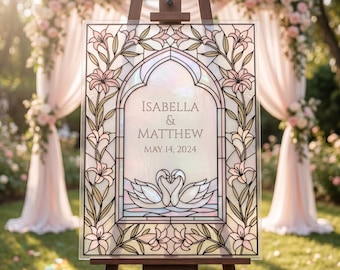 Plantilla digital para cartel de bienvenida de boda con diseño de vidrieras de lirios y cisnes, decoración acrílica (descarga digital)