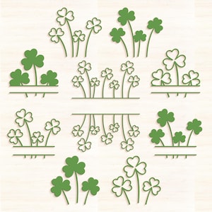 May include: A set of nine green shamrock designs, each with a different arrangement of leaves. The shamrocks are outlined in a dark green colour and are perfect for crafting or decorating.