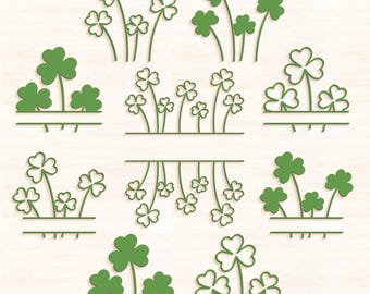 May include: A set of nine green shamrock designs, each with a different arrangement of leaves. The shamrocks are outlined in a dark green colour and are perfect for crafting or decorating.