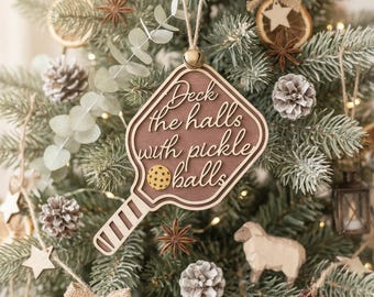 Deck The Halls with Pickle Balls Ornament SVG, Laser Cut Files Glowforge Cricut, Christmas Tree Hanger (Digital Download)