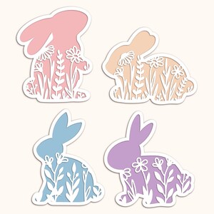 Lapin floral en couches SVG, lapin de Pâques fleurs sauvages, fichiers découpés au laser Glowforge Silhouette Cricut, plateau à plusieurs niveaux décoration printanière 3D, animal de la ferme