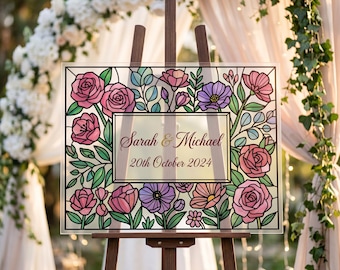 Placa de boas-vindas para casamento com efeito de vitral e flores silvestres, modelo para Canva, decoração em acrílico (download digital)