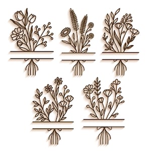 5 ramos de flores silvestres con nombres divididos SVG, arte lineal de contorno de flores, archivos de corte láser Glowforge Silhouette Cricut, lazo de cinta 3D para decoración de granja