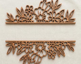 4 Floral Split Border SVG, Laser Cut Files Glowforge Silhouette Cricut, Flower Leaf Bouquet Wedding Monogram Frame, Boho Botanical Flourish