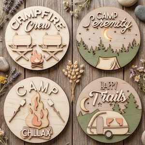 Pacote de Placas de Acampamento em SVG e DXF, Arquivos para Corte a Laser Glowforge e Cricut, Placa de Porta, Guirlanda em Moldura (Download Digital)