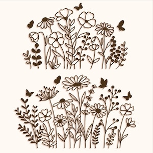 Prato di fiori selvatici e farfalle SVG DXF, file tagliati al laser Glowforge Silhouette Cricut, contorno di piante con campo di fiori primaverili