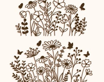 May include: Two black and white illustrations of wildflowers and butterflies. The top illustration features a cluster of flowers with butterflies flying around them. The bottom illustration features a similar cluster of flowers with butterflies flying around them.