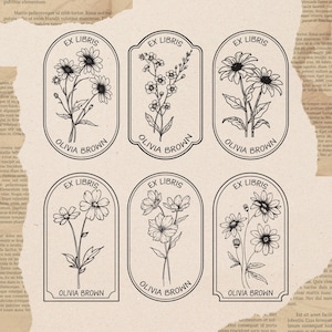 6 vintage bloemenboekstempel png-svg, bloemen leesgrage ex libris frame, bibliotheek boekbezit, overzicht zeer fijne tekeningen, boekenwurm, gepersonaliseerde naam