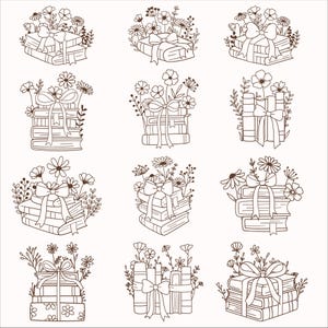 May include: A collection of twelve line art illustrations featuring stacks of books adorned with floral arrangements and tied with bows. The illustrations are in a simple, elegant style, perfect for book lovers and crafters.