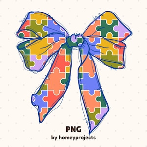 自閉症啓発コケット リボン PNG、レインボー パズル昇華プリント、世界神経多様性月間 4 月、カラフルな脳のシンボル、ジグソー リボン