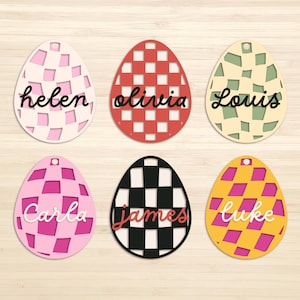 Karierte Retro Korb Ei Tags SVG, Ostern Verzerrtes Muster, Laser Cut Dateien Glowforge Silhouette Cricut, personalisierte Name Schlüsselbund Beschriftung