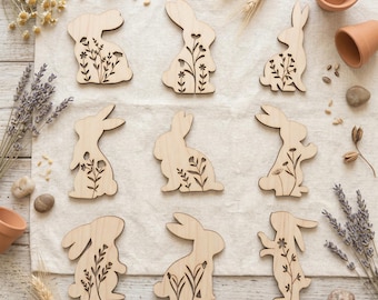 Paquete de 9 archivos SVG y DXF de conejitos de Pascua florales, archivos de corte láser Glowforge Cricut, decoración adorable para habitaciones infantiles de estilo rústico (descarga digital).
