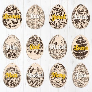 Oeuf de Pâques panier tags SVG, fleurs botaniques gravées plantes, fichiers découpés au Laser Glowforge Silhouette Cricut, nom personnalisé, printemps