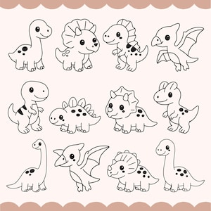 Puede incluir: Una colección de doce ilustraciones de dinosaurios de dibujos animados en blanco y negro. Los dinosaurios incluyen un T-Rex, Triceratops, Estegosaurio y Pterodáctilo. Cada dinosaurio tiene un diseño y expresión únicos, con un estilo simple y lindo.