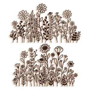 Prairie de fleurs sauvages SVG DXF, fichiers découpés au laser Glowforge, Silhouette Cricut, champ de fleurs, dessin au trait floral contour plante herbe feuille Nature marguerite