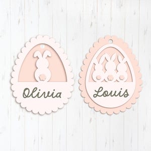 Fesses de lapin festonné tags SVG, oeufs de panier de Pâques, fichiers découpés au Laser Glowforge Silhouette Cricut, étiquette acrylique porte-clé nom personnalisé