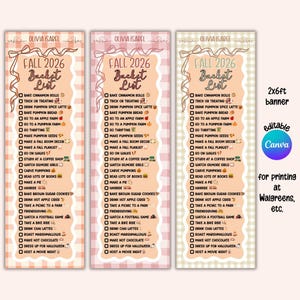 May include: Three vertical banners featuring a Fall 2026 Bucket List with a gingham background, a decorative ribbon at the top, and a list of seasonal activities including baking, pumpkin picking, and movie nights, each with small icons.