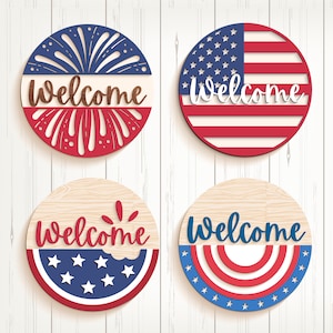 Patriottische welkomstbord bundel SVG DXF, lasergesneden bestanden Glowforge, silhouet Cricut, voordeurhanger, vuurwerk USA vlag watermeloen fruit