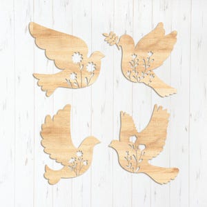 花の鳩 SVG DXF、レーザーカット ファイル Glowforge シルエット Cricut、白い鳥の小枝が飛んでいるシンボル、イースターの結婚式、野生の花の農家の春