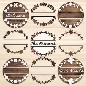9 Floral Split monogramme SVG, fichier découpé au laser Glowforge Silhouette Cricut, couronne de feuilles de fleurs, nom cadre de bordure de mariage, rond bohème botanique