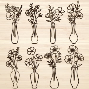 May include: A set of eight black and white line drawings of flower bouquets in vases. The flowers are stylised and simple, with a variety of shapes and sizes. The vases are all different shapes and sizes as well.