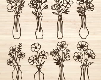 May include: A set of eight black and white line drawings of flower bouquets in vases. The flowers are stylized and simple, with a variety of shapes and sizes. The vases are all different shapes and sizes as well.