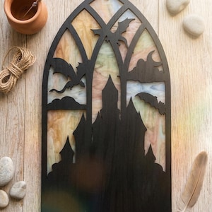 Dragones góticos para ventanas y atrapasoles de castillo SVG, archivo de corte láser Glowforge, adorno acrílico de vidriera, colgante para espejo retrovisor de coche