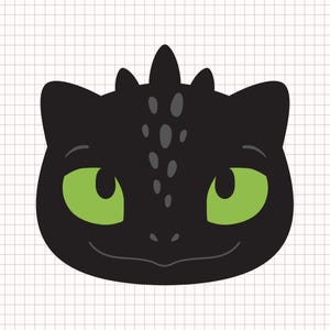 黒龍の顔（SVG、PNG）シルエット、クリカット、かわいい本好きのキャラクター、赤ちゃんの緑の瞳の笑顔、ファンタジーで神秘的で魔法のような気まぐれな火の生き物
