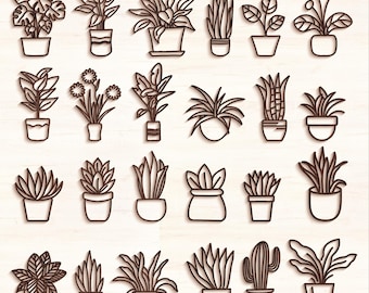 24 Potted Plants Outline Svg Png, Laser Cut Files Glowforge Silhouette Cricut, Minimalist Monoline, Indoor Outdoor Garden House Plant