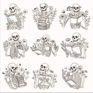 9 Blumen Bücherwurm Skelett SVG png, Totenkopf Knochen Lesebuch, Bücherwurm Garten Flower Club, Silhouette Cricut Outline Line Art, Fantasy
