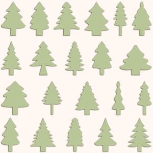 Könnte beinhalten: Zwanzig grüne Weihnachtsbäume in verschiedenen Formen und Größen, angeordnet auf einem cremefarbenen Hintergrund. Die Bäume bilden ein festliches Muster, das sich für Bastelarbeiten und Dekorationen eignet. Die Ausschnitte sind in verschiedenen Stilen.
