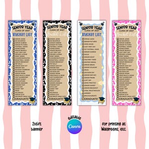 May include: Four vertical banners titled Senior Year Class of 2027 Bucket List with checklists of activities. The banners feature blue, black, lined, and pink borders, each displaying a graduation cap icon and the text 2x6ft banner.