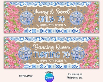 Printable Young and Sweet Only 70 Birthday Banner, 6x2ft Editable Canva Template, Photo Prop Wall Backdrop (Digital Download)