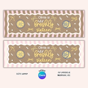 Op de afbeelding: Een rechthoekige banner met een bruin midden, een geschulpte witte rand en roze-wit gestreepte zijkanten. De tekst luidt Olivia is freshly sixteen, vergezeld door gele citroenschijfjes, kleine strikjes en witte confetti.