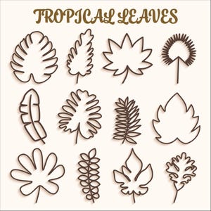 Ensemble de 41 feuilles tropicales SVG, dessin au trait contour plante, fichiers découpés au laser Glowforge Silhouette Cricut, jardin botanique feuillage d'été Nature