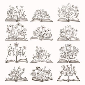 May include: A collection of twelve line art illustrations featuring open books with flowers and foliage growing from the pages. The drawings are in a simple, elegant style, perfect for various design projects.
