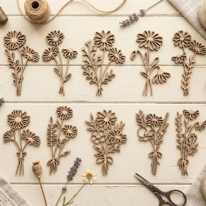 リボン付きデイジーブーケ10個 SVG PNG、レーザーカットファイル Glowforge、Silhouette Cricut、アウトライン線画、リボンコケットフローラルデコレーション、ボタニカル