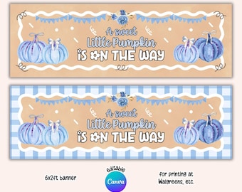 Printable Blue  Fall Baby Shower Banner, 6x2ft Editable Canva Template, Welcome Little Pumpkin Photo Prop, Wall Backdrop (Digital Download)