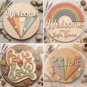 Paquete de letreros redondos de bienvenida al Orgullo en formato SVG y DXF, archivos de corte láser Glowforge Cricut, colgador de puerta, amor LGBTQIA+ (descarga digital)