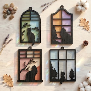 Window Cat Suncatcher Ornament Set SVG DXF, Laser Cut Files Glowforge, Car Charm Mirror Hanger, Stained Glass Arch Frame